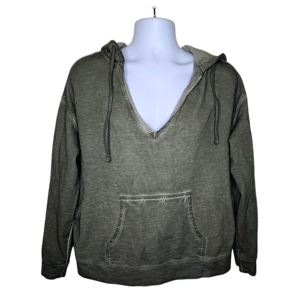 Sanctuary Pullover Distressed Vneck Hoodie Sweatshirt Womens Size XS Green